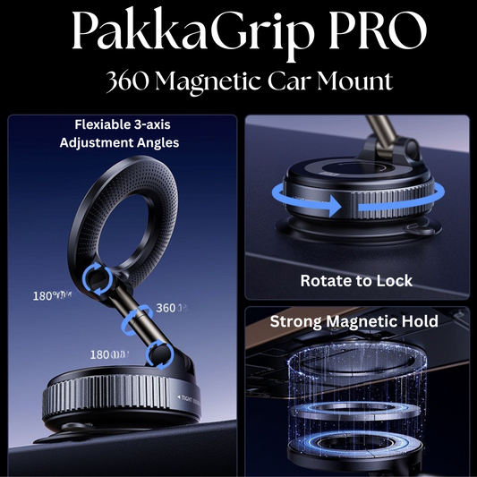 PakkaGrip Pro 360° Magnetic Car Mount on dashboard holding smartphone from Pakka Pick 